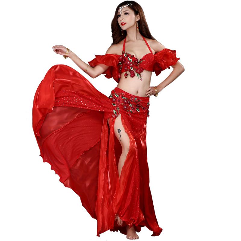 

New Adult Lady women Belly Dance Costume Oriental bellydance skirt Stage Performance 2/3pcs set Bra Belt Skirt Bellydancing Wear, 2pcs set for blue