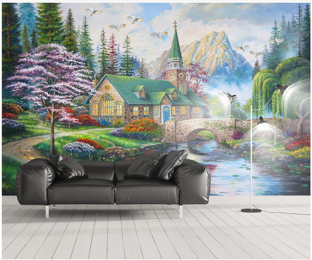 

3d wallpaper custom photo European country small bridge with flying birds and flowing water 3d wall muals wall paper for walls 3 d in rolls, Non-woven wallpaper