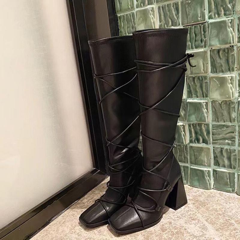 

Designer Narrow Band Knotted Women Knee High Boots Square Toe Block Heels Black Knight Boots Sexy Genuine Leather Riding1, Brown