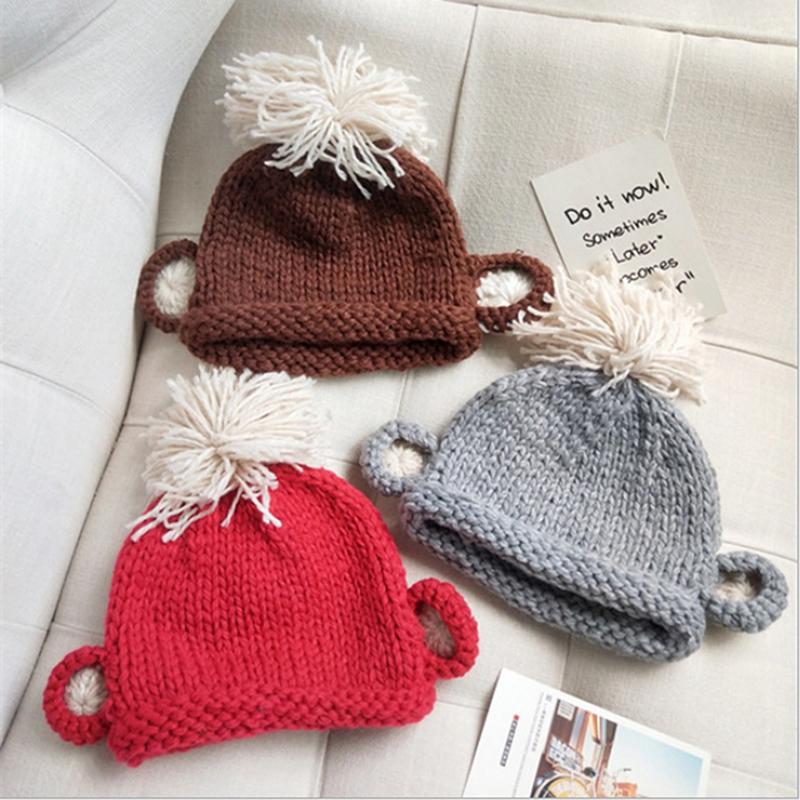 

2-8 Y Cute Two Ears Autumn Winter Warm Crochet Hat for Girls Children Lovely Rolled Fisherman Hat with Big Hair Balls 5 Colors, Black