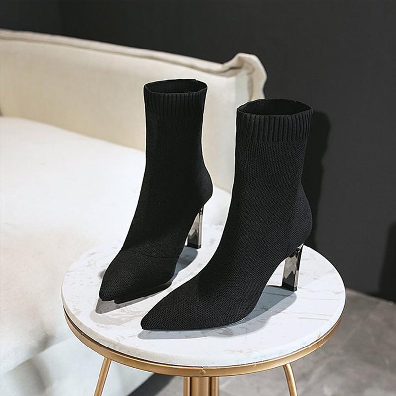 

Socks Boots Pointed Toe Ladies Mid-calf Boots Comfort Female Shoes Stretch Fabric New Winter Sexy High Heels 2020 Knitted Women, Black