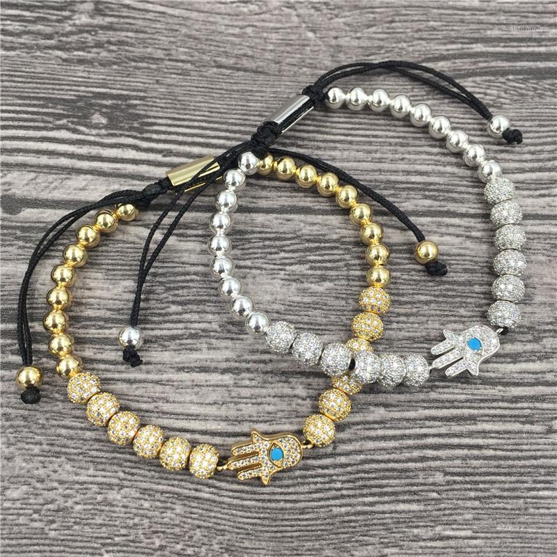 

Copper Bead Braiding CZ Hamsa Fatima Hand Charm Bracelet Micro Pave CZ Ball Bracelets Women Men's Couple Bracelet Bangle1
