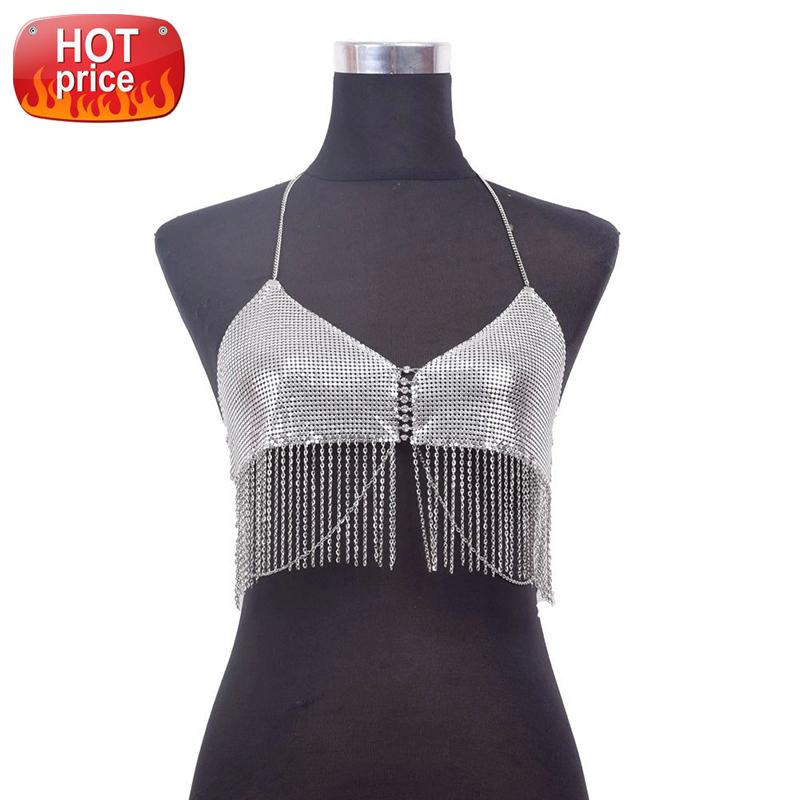 

Sequin Tassel Sexy Nightclub Party Luxury Tank Top Hollow Out Backless Glitter Diamonds Adjustable Metal Chain Halter Crop Tops #u05W, White