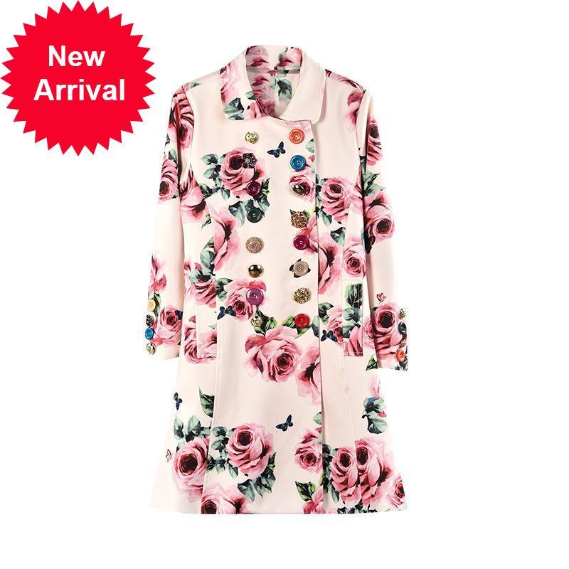 

2021 New Women' Track Mark Printed Luxury Pink Buckle Print Lapel Elegant Jacket Long Clothes Kob8, Beige
