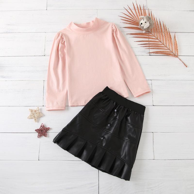 

Baby & children's Autumn Toddler Baby Girls Clothes Sets 1-6Y Long Puff Sleeve Pullover Tops PU Leather Skirts 2pcs1, As pic