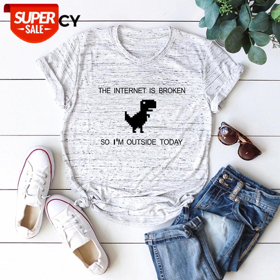 

JFUNCY Loose Tshirt Women Summer Casual Cotton Tops Dinosaur Print The Internet Is Broken O Neck Short Sleeve Cartoon Tee Shirts #b05B, White