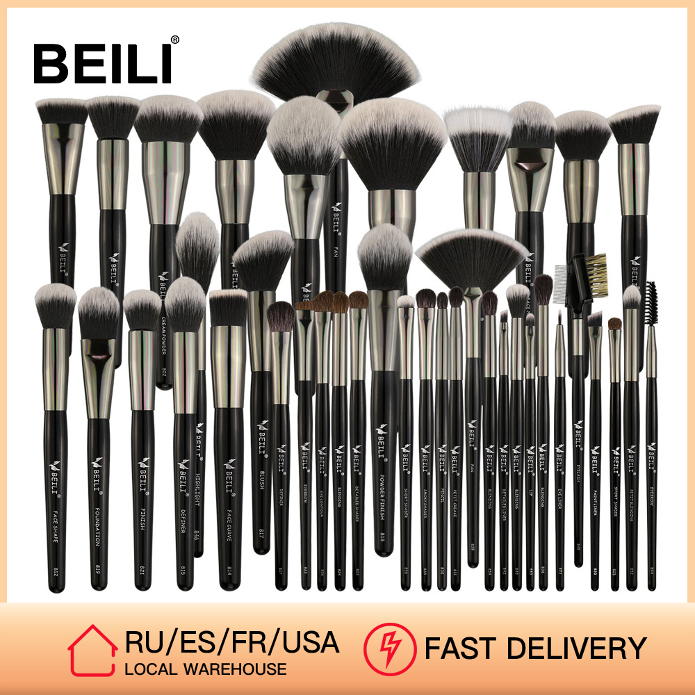 

BEILI 40/35/15 pieces Luxury black professional makeup brush set Big brushes Powder foundation blending goat hair makeup brushes 201007
