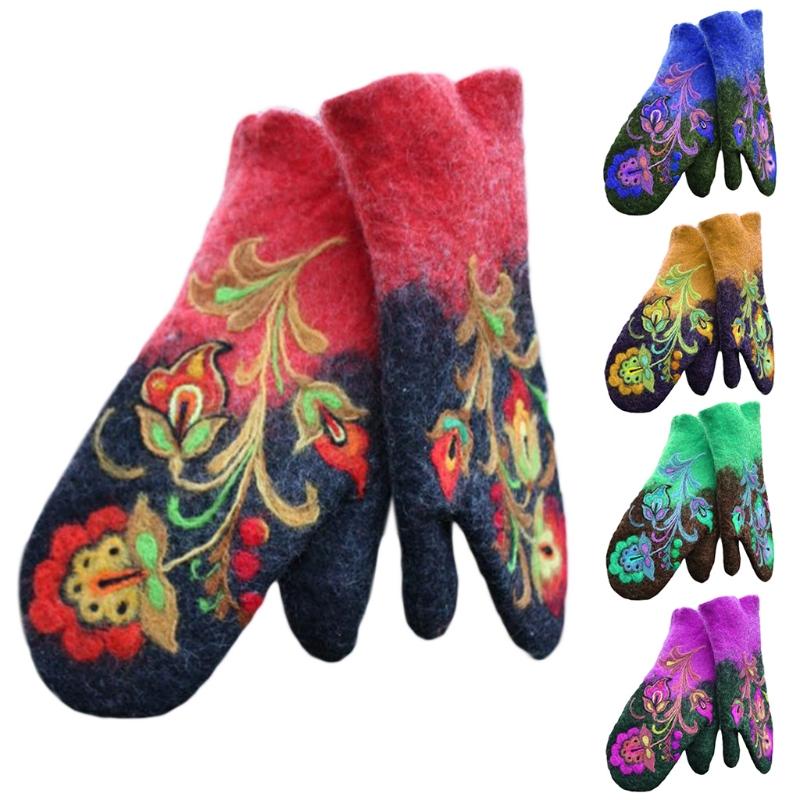 

Women Winter Faux Cashmere Thicken Warm Full Finger Gloves Ethnic Vintage Colorful Floral Embroidered Thermal Mittens