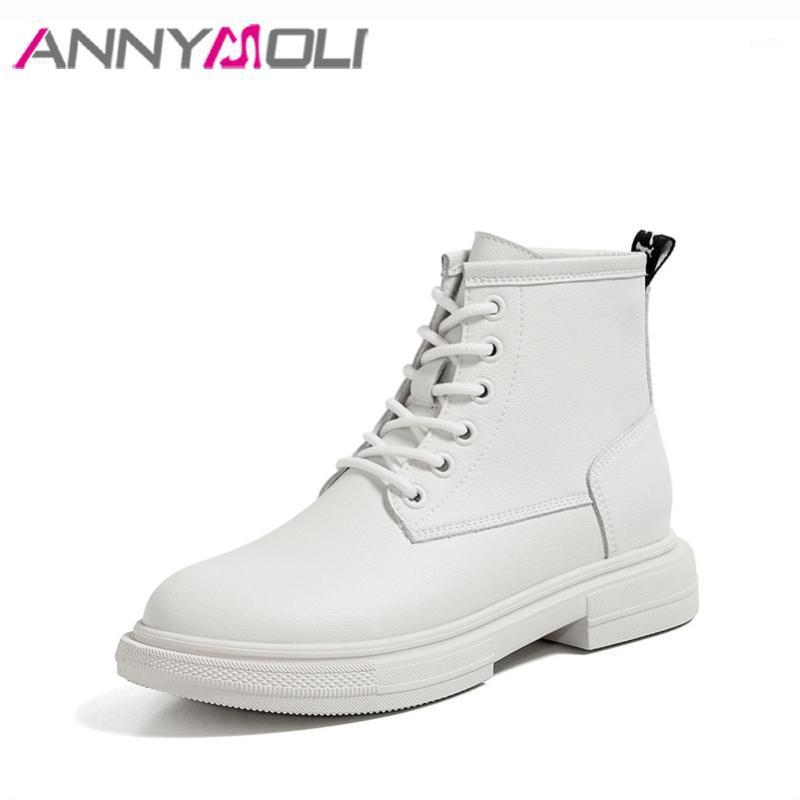 

ANNYMOLI Flat Platform Motorcycle Boots Woman Ankle Boots Round Toe Shoes Lace UP Short Ladies Autumn Winter White Size 401, White velvet lining