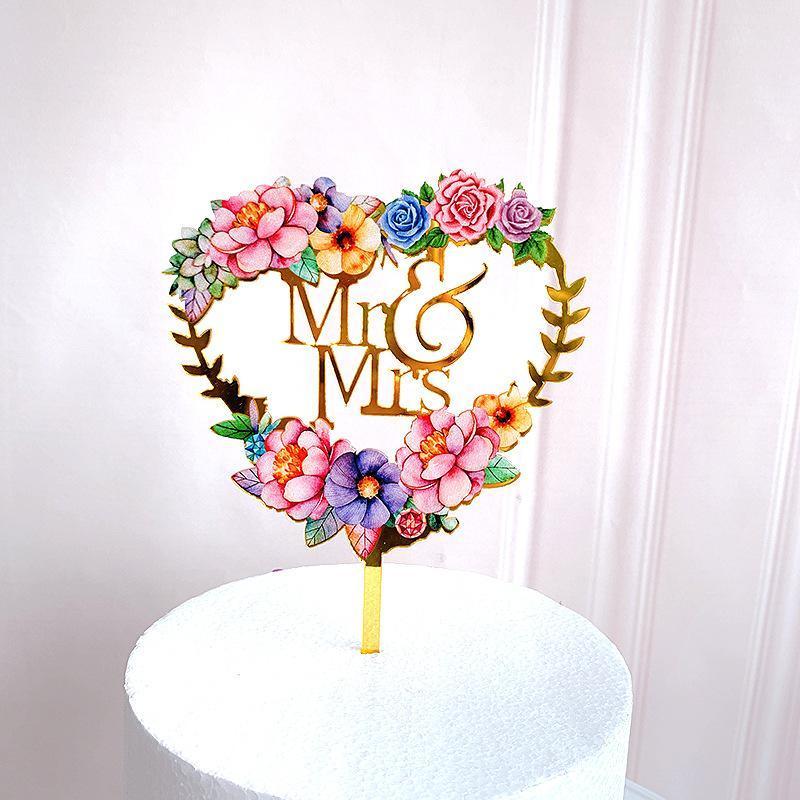 

ins Mr&Mrs wedding Cake Topper gold color printing Acrylic marry Cupcake toppers Decor for Bride and groom party cake decoration1