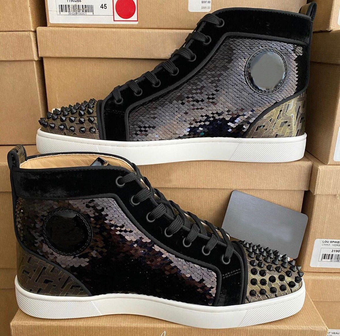 2020S High Top Spikes Orlato Hommes Basne-baskets de fond rouge Chaussures Calfskin, Sequins Traperateurs Designer de Prestige Décontracté Casual