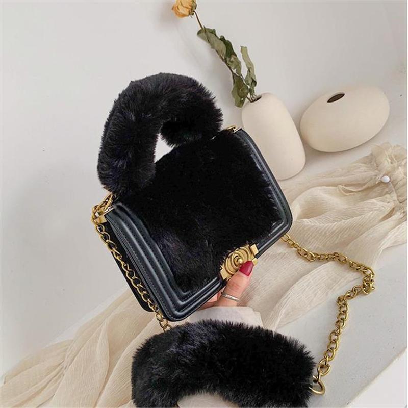 

Shoulder Bags Faux Fur Bag Handle Cover White Furry Handbags Charm Designer Plush Mini Purses Evening Clutch Bolsos Marca Mujer Lujo, Black