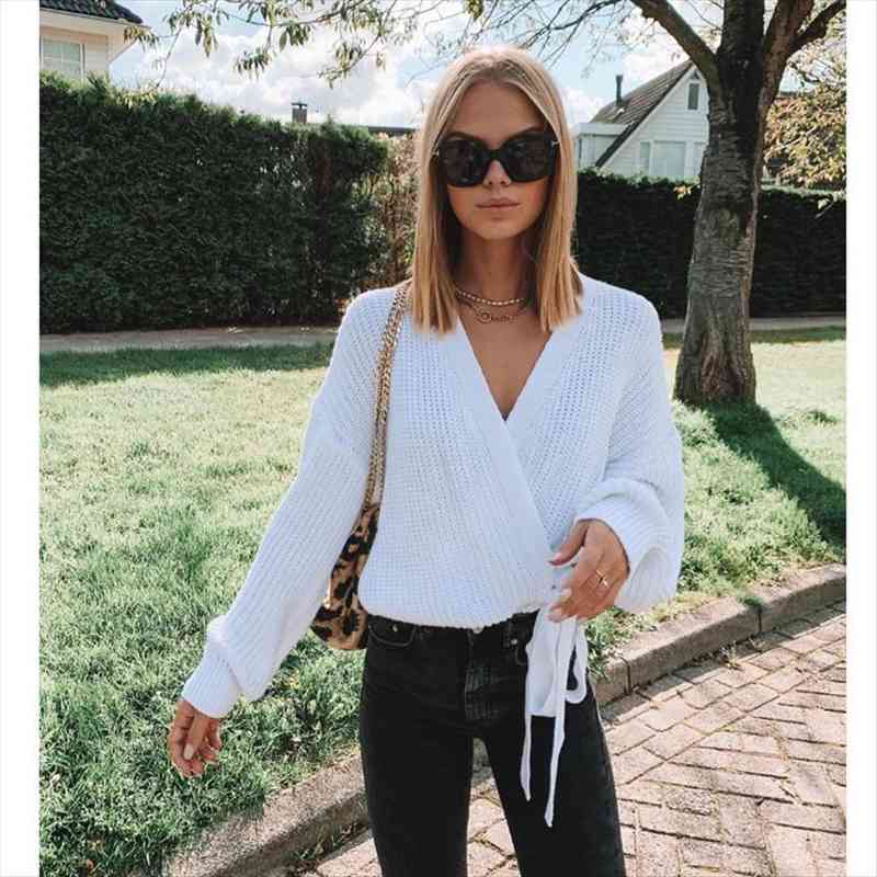 

women knitted cardigans autumn v-neck batwing sleeve oversized sweater casual loose lace-up female sweaters cardigan, White;black