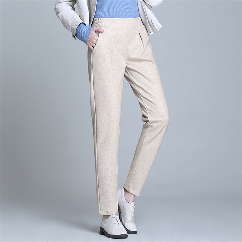 

OUMENGKA Women Pants Thicken Pencil Pants Female Work Suit Pant Autumn New Winter OL Style Loose Wool Trousers Capris S-4XL 201228, Khki