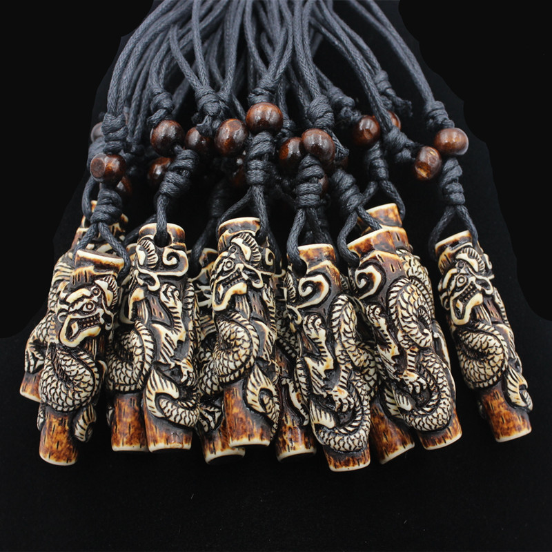 

Lots Wholesale 12pcs COOL Boy men's Simulation Bone Carving Totem Dragon Pendant Wood Beads Amulet Pendant Necklace Lucky Gift XL76, Silver