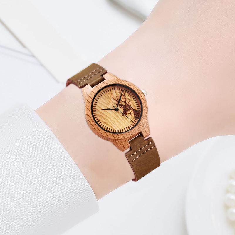 

Wristwatches Women Watch Fashion Wooden Dial Leather Watchband Personality Temperament Retro Relojes De Mujer