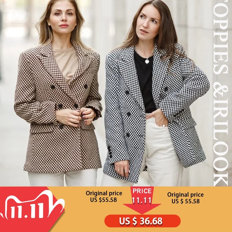 

toppies vintage Houndstooth woolen Jacket double breasted long coat women outwear winter clothes 201104, Light coffee