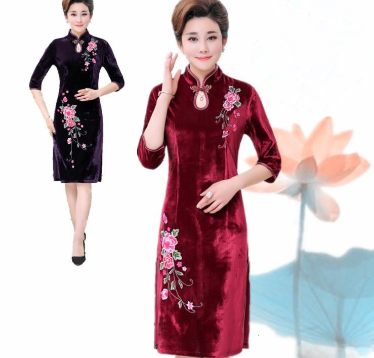 

Cheongsam Spring Autumn Women's Gold Style Big Disc Embroidered Button Dress 5ym3, Purple