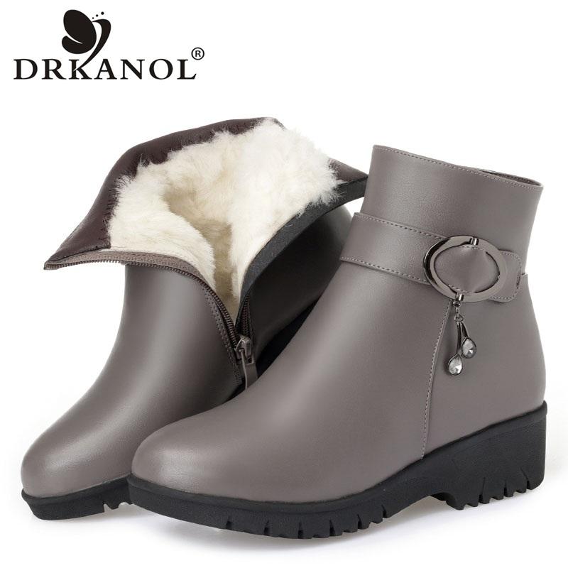 

DRKANOL New Split Leather Women Snow Boots Winter Natural Wool Flats Heel Cowhide Ankle Boots For Women Waterproof Warm Shoes, Cotton fabric inside
