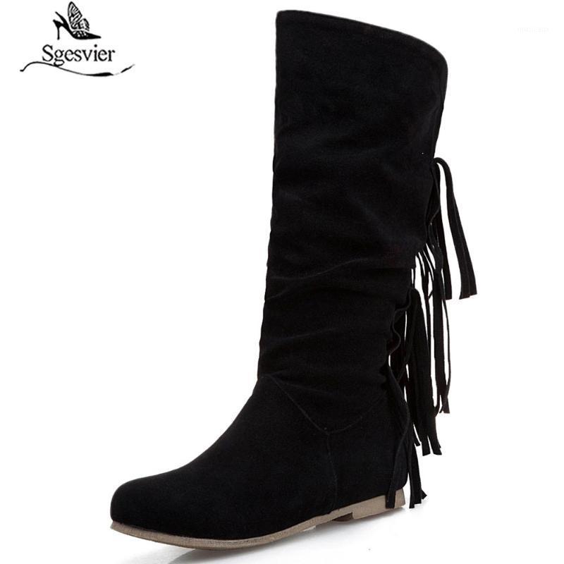 

Sgesvier Red Black Brown Fringe Slip on Autumn Winter Mid Calf Riding Boots Low Chunky Heel Shoes Woman Footwear Botas G6701