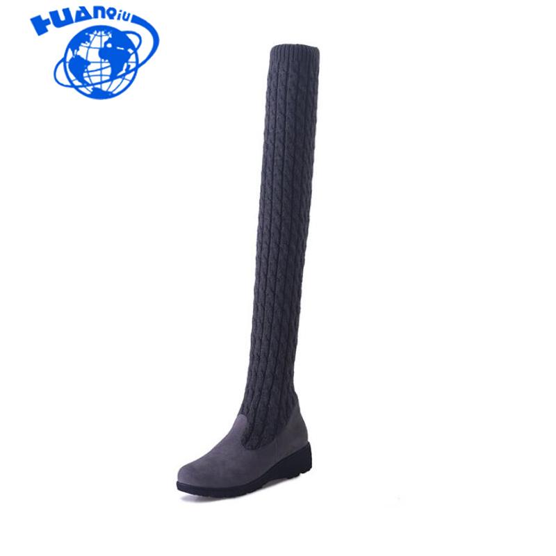 

HUANQIU 2020 Knitted Women Knee High Boots Elastic Slim Autumn Winter Warm Long Thigh High Boots Woman Shoes Size 40 Wyq171, Black