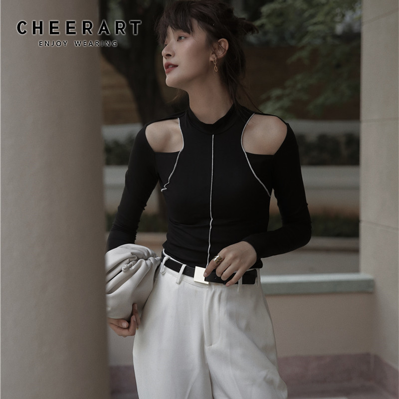 

CHEERART Sexy Long Sleeve Top Cold Shoulder Black T Shirt Women Tight Designer Ladies Top Underwear Tee Shirt Fall Clothes 201125, Beige