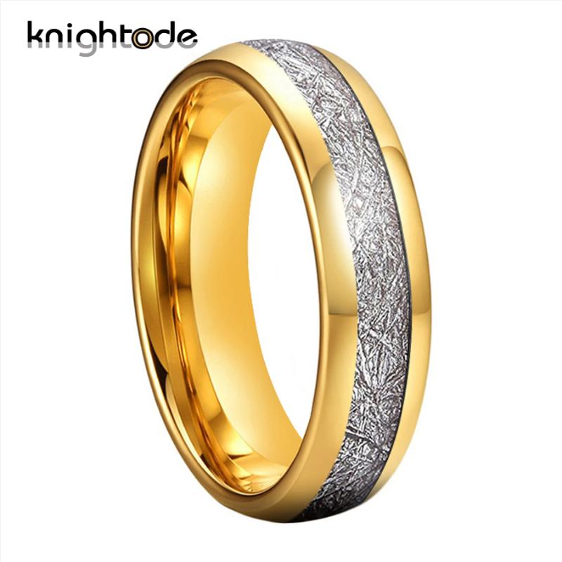 

6mm Gold Color/Silvery Tungsten Carbide Rings White Meteorite Inlay Tungsten Wedding Band Engagement Ring Dome Polished Finish