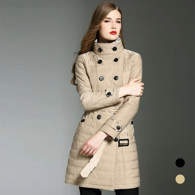 

Hot Sale women winter thick coat luxury designer cotton padded trench coat vintage british style jacket, Black