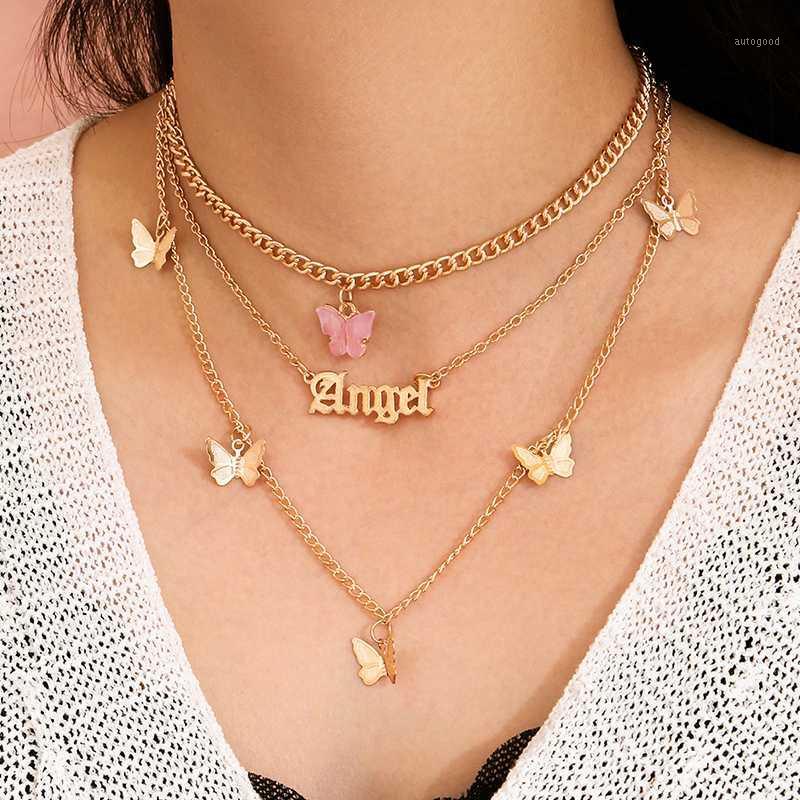 

Chokers 3Pcs/Set Bohemian Women Necklaces Set Pink Butterfly English Letter Clavicle Chain Gold Necklace Fashion Birthday Party Jewelry1