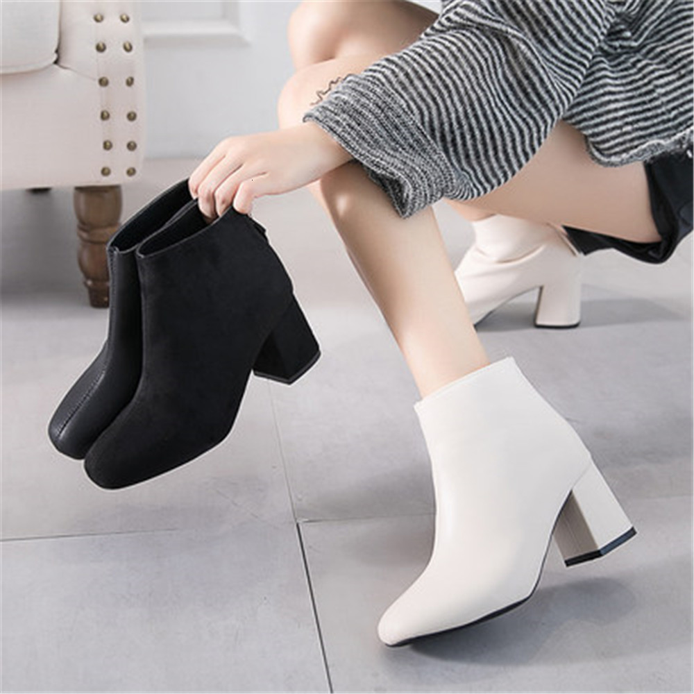 

New Fall 2021 Square Jumps Classic Female Booty Zip Boots for Women Plutonium Leather Elegant Black Shoes CD4Y, Pu black