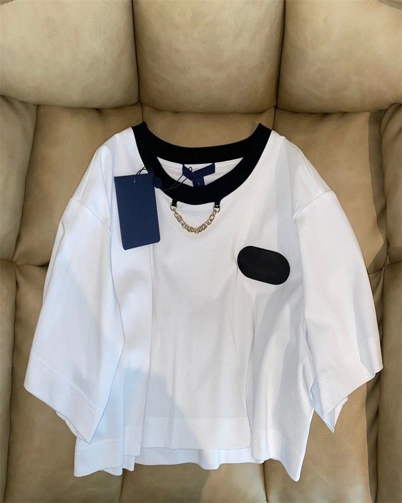 

Women' Cotton T Shirt Front Letter Classic Short Blouse Crop Top Sleeve Round Leather Letter Shirt Black and White, Extra shipping cost