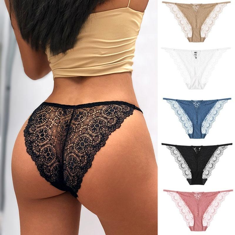 

Sexy Lace Lingerie Women's Fashion Cross-belt Hollow Out Panties Solid Color Transparent Briefs Underwear G-string, Beige