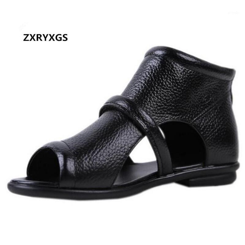 

Hot 2020 New Summer Cowhide Leather Sandals Flat Shoes Breathable Fish Mouth Women Sandals Comfort Soft Women Shoes flat1, Black 001