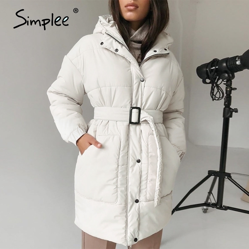 

Simplee Fashion white waist band women winter coat Elegant v-neck long cotton female parkas Causal warm coat with hat 201006