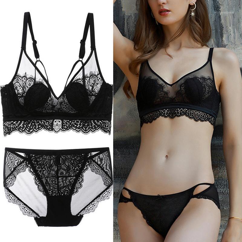 

Lingerie Feminine Lace Transparent Mesh Yarn Hollow Girl Student Underweat Sets No Steel Ring Thin Beautiful Back Bra Set1, Black