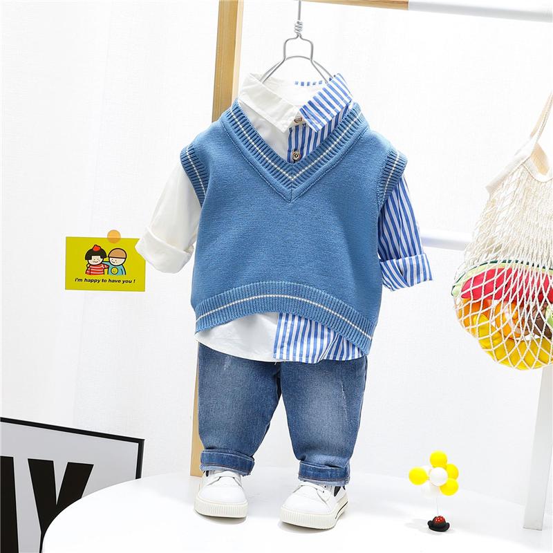 

HYLKIDHUOSE Baby Boys Clothing Sets Spring Children Casual Clothes Knitted Vest Stripe Shirt Jeans Toddler Infant Kids Costume, Blue
