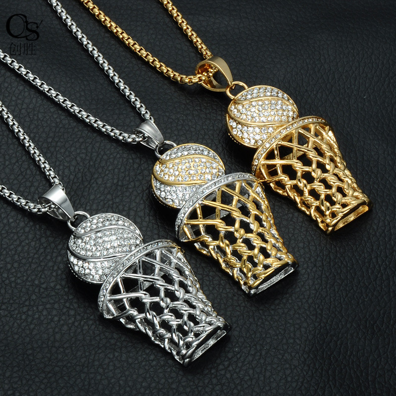 

HIP Hop Iced Out Bling Full Rhinestone Basketball Pendant Necklaces Gold&Silver Stainless Steel Sports Necklace Mens Fashion Jewelry 323 G2