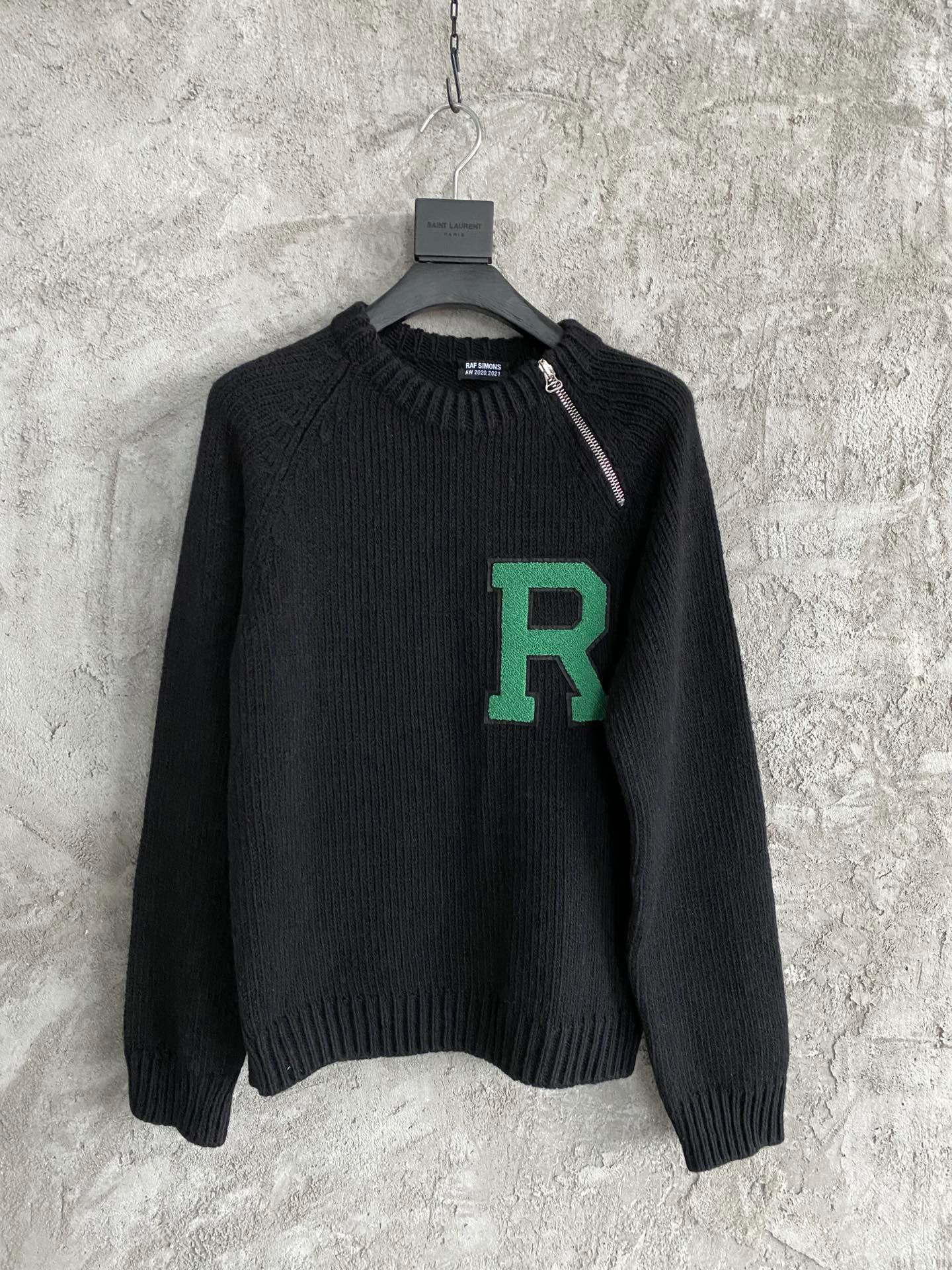 

falection mens 20fw raf simons r logo zipper knitwear sweater, White;black