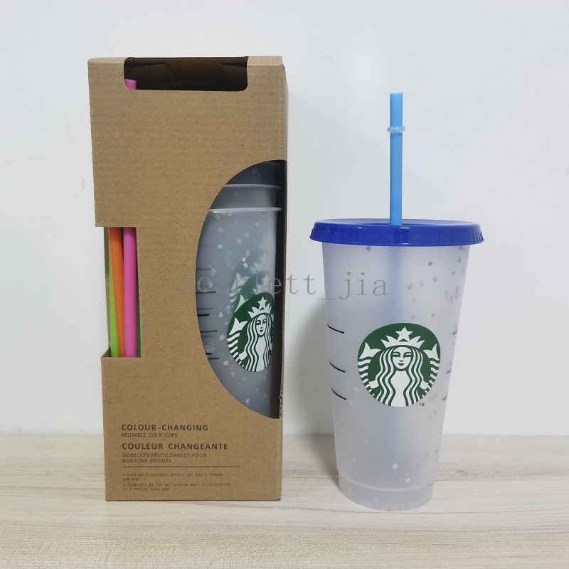 

24OZ/710ml Starbucks Snow Plastic Tumbler Reusable Clear Drinking Flat Bottom Cup Pillar Shape Lid Straw Mug Bardian, As pic