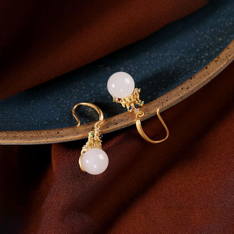 

Original New Silver Hetian White Jade Round Bead Earrings Castle Shape Chinese Retro Charm Craft Women's Brand Jewelry