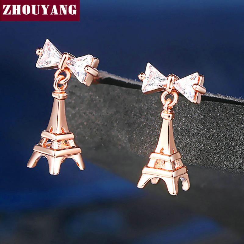 

Dangle & Chandelier ZHOUYANG Drop Earrings For Women Eiffel Tower Shape Unique Bowknot Crystal Rose Gold Silver Color Gift Fashion Jewelry D