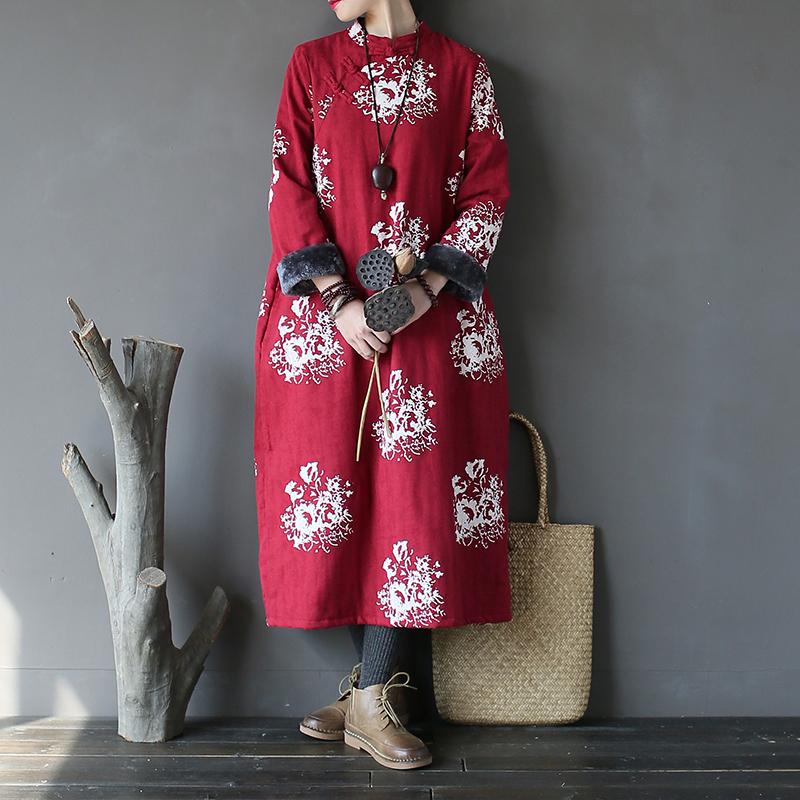 

Johnature 2020 Winter New Print Floral Women Stand Vintage Dress Thick Warm Robe Button Original Chinese Style Cheongsam Dress, Blue