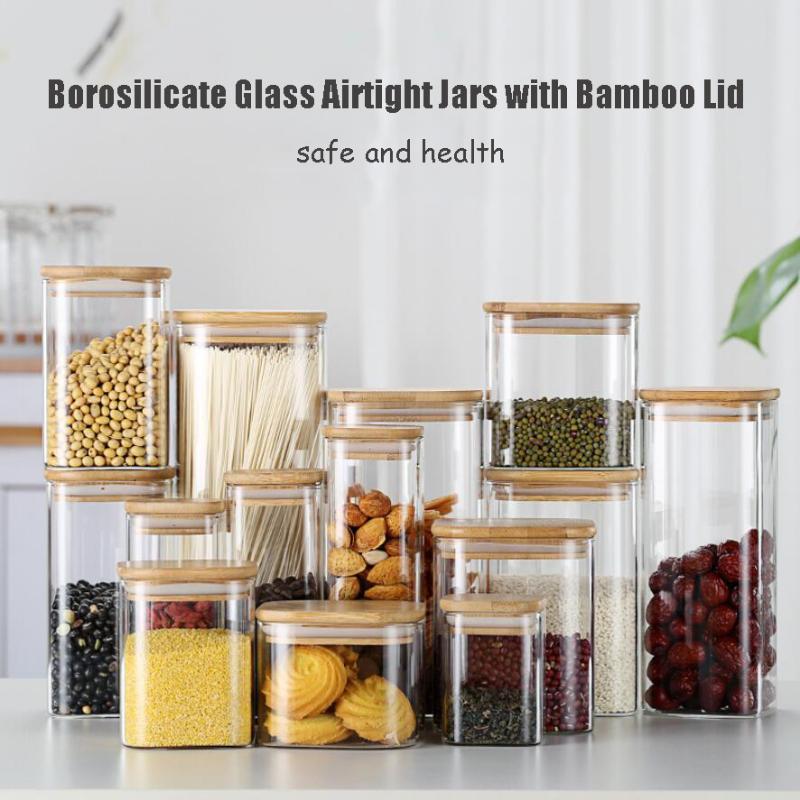 

Square Airtight Glass Jars Container with Bamboo Lid for Kitchen Snack Seasoning Pasta Storage Bottle Seal Glass Container