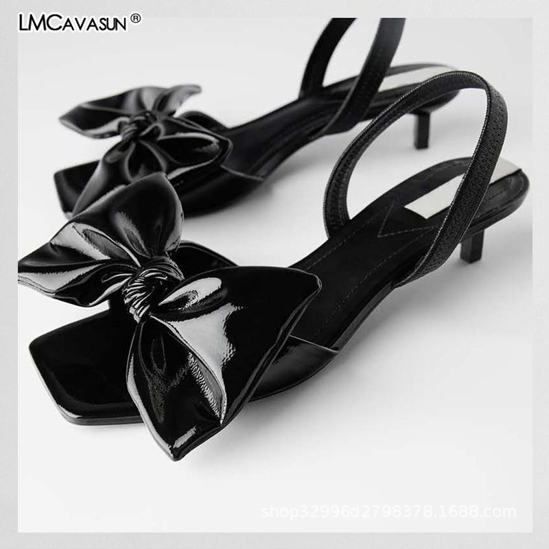 

LMCAVASUN summer Bow Patent leather sandals Women's low heel sandals, Black