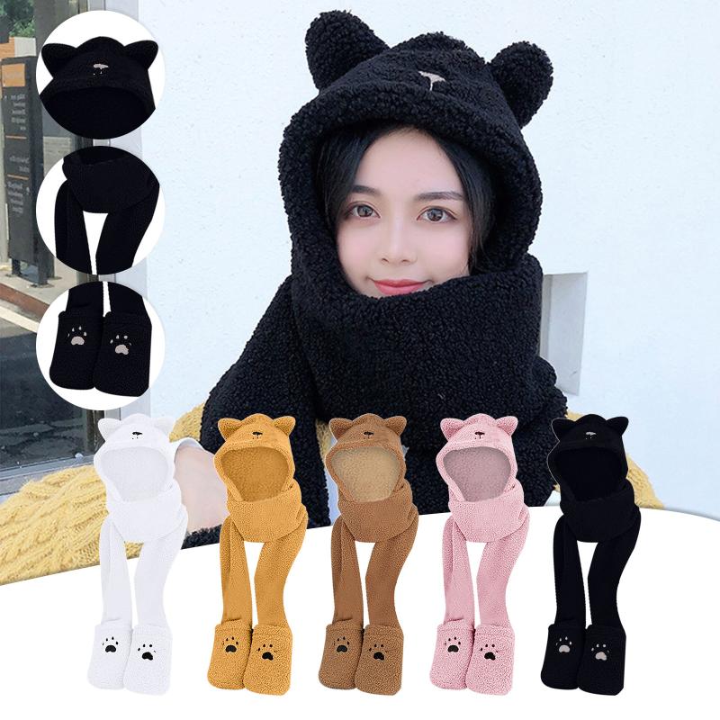 

Unisex Beanies Hat Ring Scarf Gloves Set Winter Knitted Thick Warm Cap Women Men Solid Retro Beanie Hat Soft Touch Screen Gloves