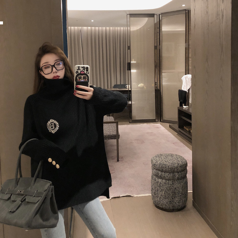 

New Knit 2021 Shirt a Turtleneck Woman Autumn Winter Designer Luxury Jersey Streetwear Clothes L637 WB15, Black