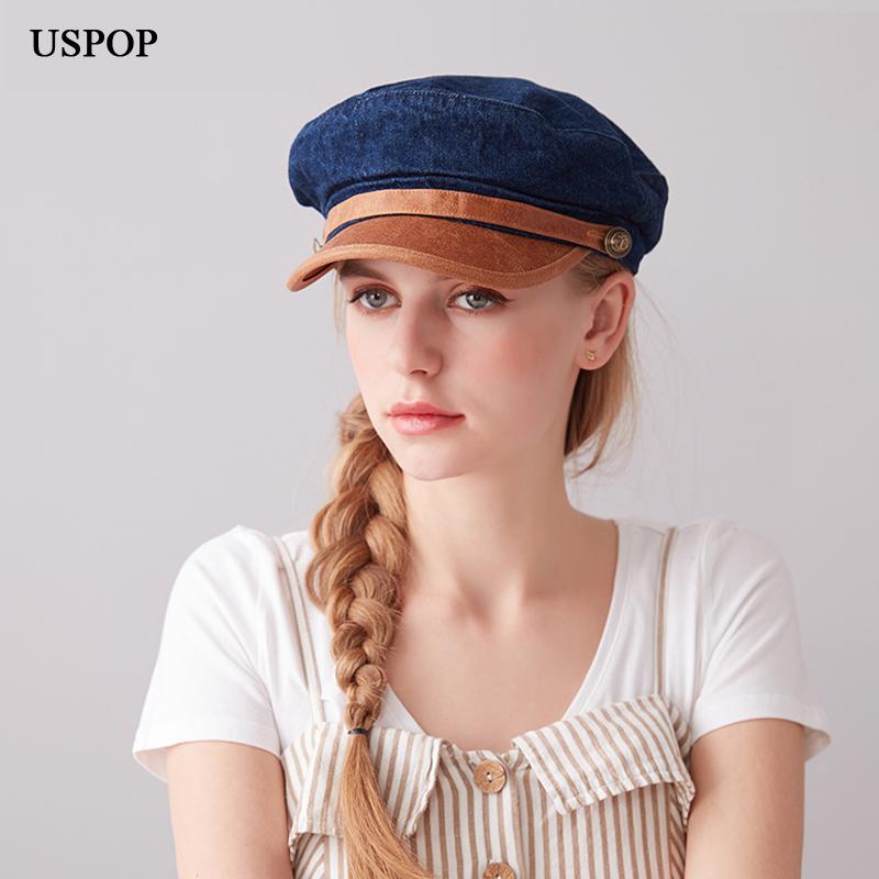 

USPOP 2020 New women cap fashion denim newsboy caps men vintage washable old visor caps PU leather brim octagonal hat berets, Blue