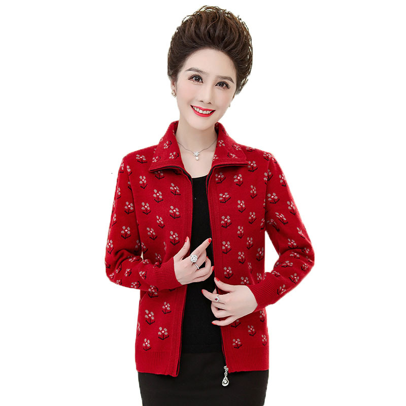 

Mother Nightgown Spring New Middle-aged Aged Women Knit Cardigan Fashion Casual Temperament Zipper Sweater Tops R709 Hne8, Red.