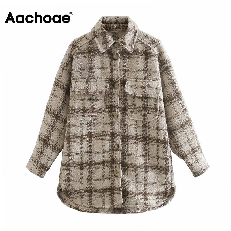 

Aachoae Batwing Sleeve Loose Pocket Coat Women Turn Down Collar Plaid Coat Female Casual Lady Tops Outerwear Autumn Spring