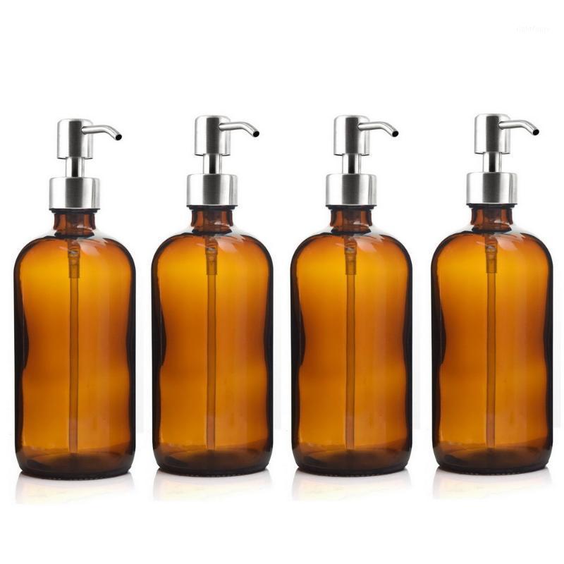 

4pcs 500ml Amber Glass Pump Bottle with Stainless Steel Lotion Pump for Bathroom Essential Oils Shampoo Liquid Soap Dispenser1